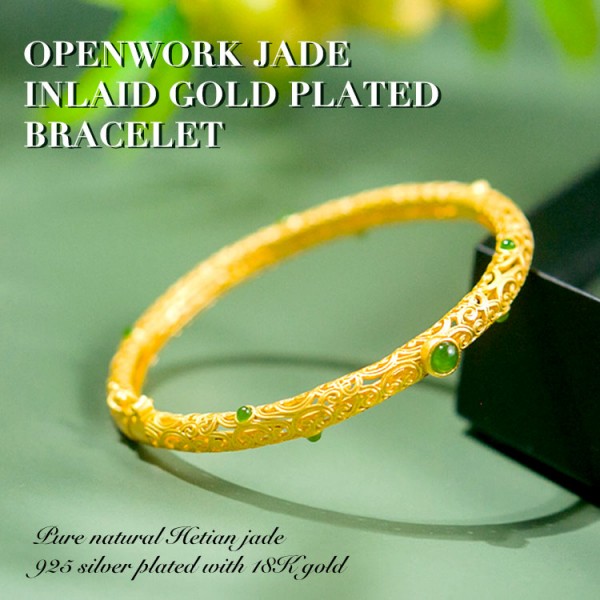 Openwork Jade Inlaid Gold Plated Bracele..
